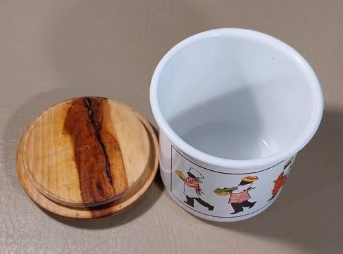 PAIR OF DECORATED ENAMEL SUGAR OR BISCUIT CONTAINERS WITH WOODEN LIDS