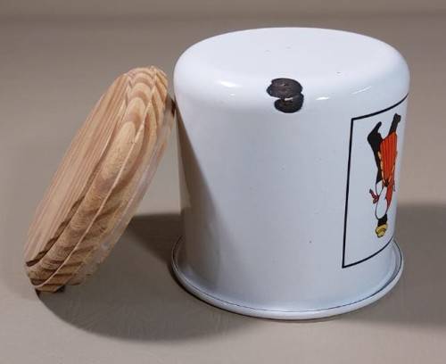 PAIR OF DECORATED ENAMEL SUGAR OR BISCUIT CONTAINERS WITH WOODEN LIDS