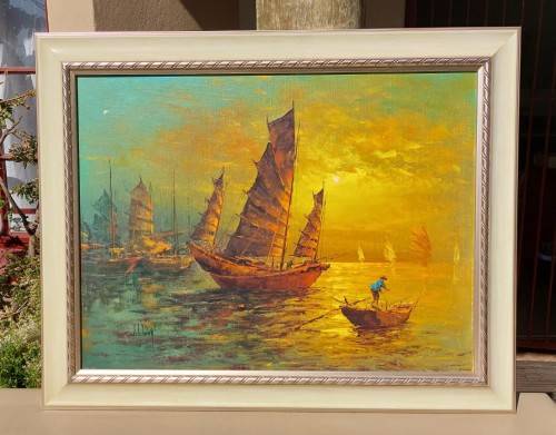 COLOURFUL CHINESE JUNK BOAT ORIGINAL 1970S OIL ON CANVAS BY HONG KONG ARTIST ST YOUNG