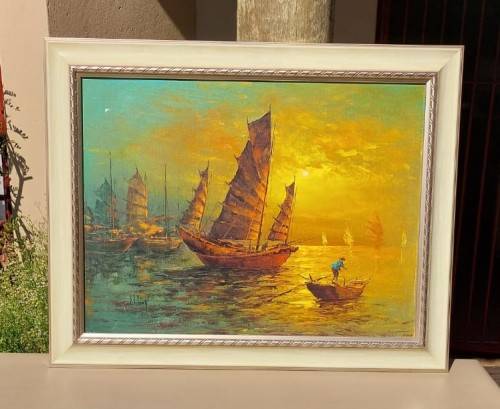 COLOURFUL CHINESE JUNK BOAT ORIGINAL 1970S OIL ON CANVAS BY HONG KONG ARTIST ST YOUNG