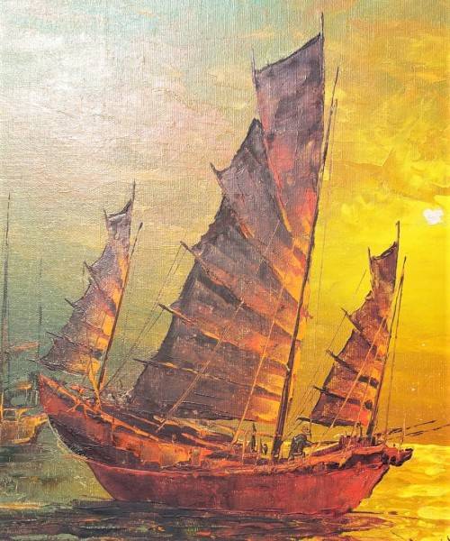 COLOURFUL CHINESE JUNK BOAT ORIGINAL 1970S OIL ON CANVAS BY HONG KONG ARTIST ST YOUNG