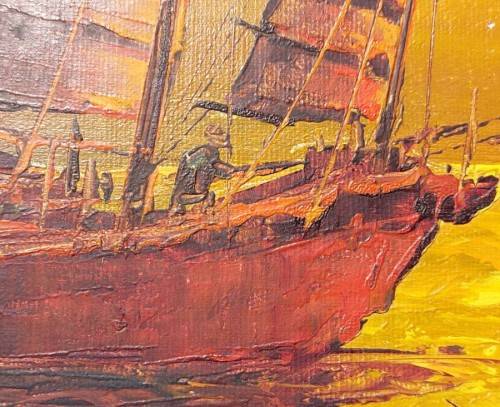 COLOURFUL CHINESE JUNK BOAT ORIGINAL 1970S OIL ON CANVAS BY HONG KONG ARTIST ST YOUNG