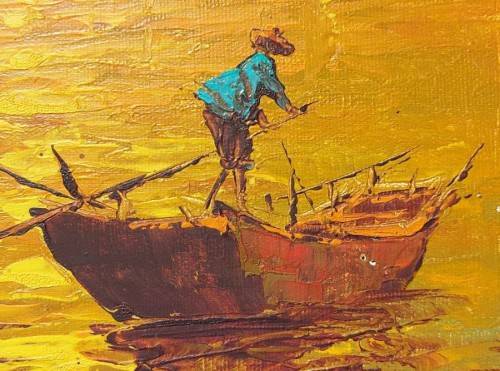 COLOURFUL CHINESE JUNK BOAT ORIGINAL 1970S OIL ON CANVAS BY HONG KONG ARTIST ST YOUNG