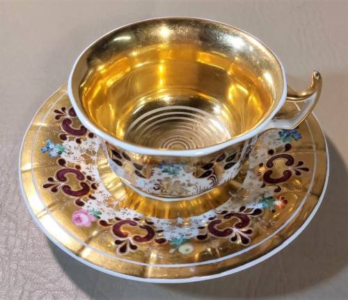 ANTIQUE (1847-1849) GERMAN KPM CUP AND SAUCER WITH RARE EAGLE AND SCEPTER MARK IN SHADES OF PURPLE
