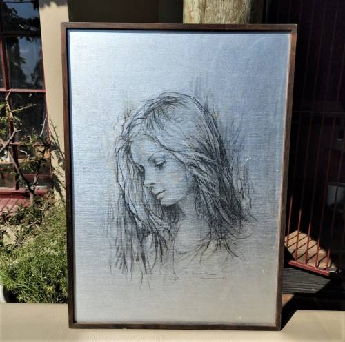 LOVELY 1971 PORTRAIT BY ITALIAN ARTIST GUISEPPI TARANTINO (1916-1999)  A SILVER CARDBOARD SERIGRAPH