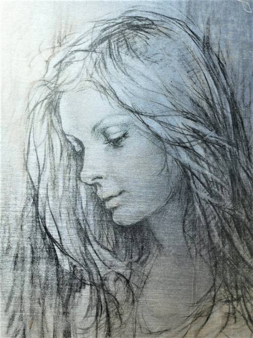 LOVELY 1971 PORTRAIT BY ITALIAN ARTIST GUISEPPI TARANTINO (1916-1999)  A SILVER CARDBOARD SERIGRAPH