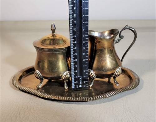 BEAUTIFUL INDIAN MADE BRASS SUGAR POT AND CREAMER ON TRAY