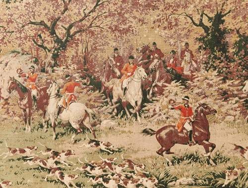 VINTAGE FIRE SCREEN WITH FOX HUNTING SCENE TAPESTRY