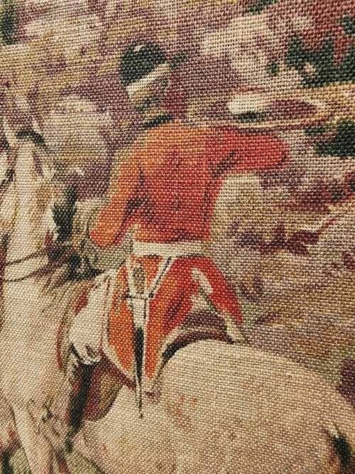 VINTAGE FIRE SCREEN WITH FOX HUNTING SCENE TAPESTRY