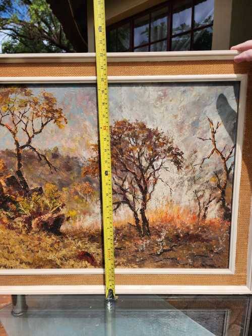 BUSHVELD FIRE SCENE BY ERNEST BENJAMIN KING 1971 OIL ON BOARD (SA ARTIST 20TH CENTURY) 60CM W 45CM H