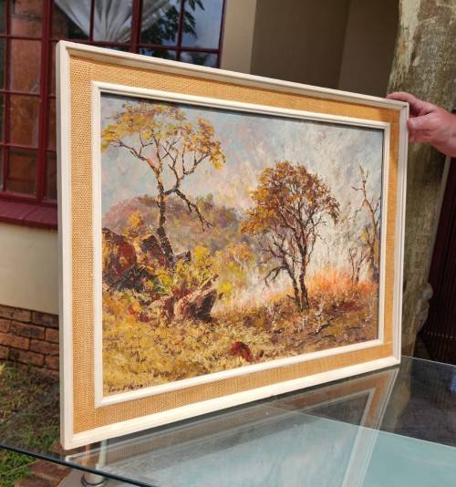 BUSHVELD FIRE SCENE BY ERNEST BENJAMIN KING 1971 OIL ON BOARD (SA ARTIST 20TH CENTURY) 60CM W 45CM H