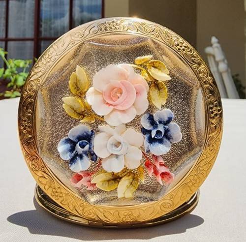 VINTAGE 1950S ENGLISH MADE ROSE COMPACT MIRROR AND POWDER CASE