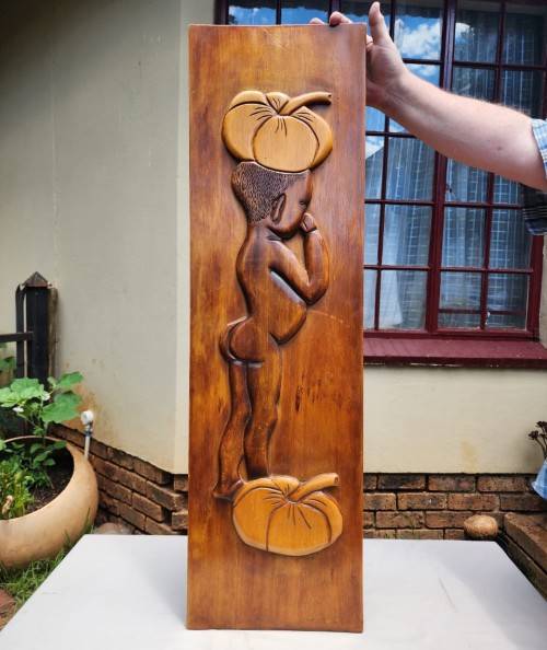 VINTAGE 1983 WOODEN CARVING BY G FOUCHE  BUTT NAKED AFRICAN BOY WITH PUMPKIN ON HEAD