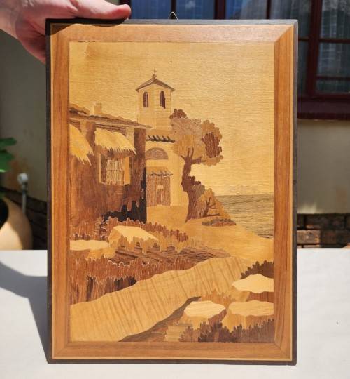 TWO WOODEN INLAY ARTWORKS MADE IN ITALY  ISLAND HOMES WITH FISHING BOATS