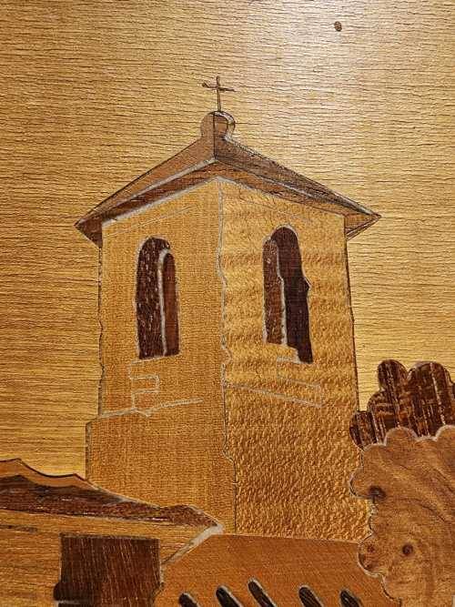 TWO WOODEN INLAY ARTWORKS MADE IN ITALY  ISLAND HOMES WITH FISHING BOATS