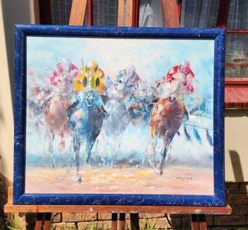 AWESOME HORSERACING ORIGINAL OIL ON BOARD BY ARTIST TAYLOR