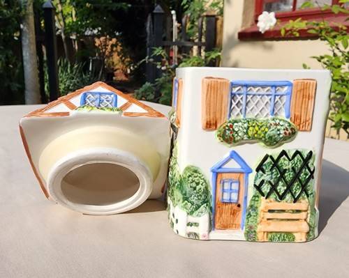 THE VILLAGE COLLECTABLE HAND PAINTED CERAMIC TEA CANNISTER DESIGNED BY ANNIE ROWE