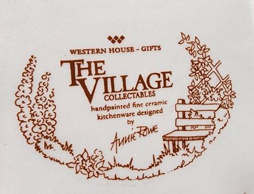 THE VILLAGE COLLECTABLE HAND PAINTED CERAMIC TEA CANNISTER DESIGNED BY ANNIE ROWE