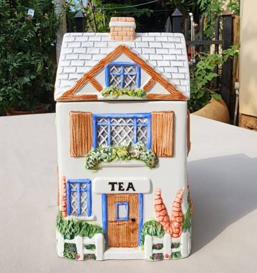 THE VILLAGE COLLECTABLE HAND PAINTED CERAMIC TEA CANNISTER DESIGNED BY ANNIE ROWE