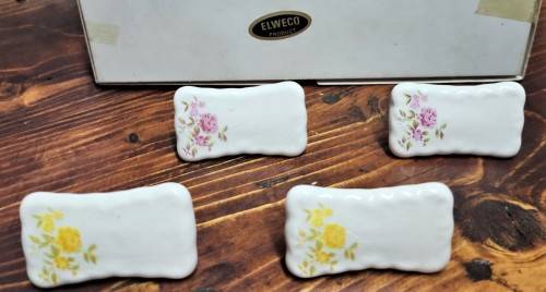 12 VINTAGE ELWECO JAPAN PORCELAIN ROSES PLACE CARD HOLDERS  2 BOXED SETS OF 6