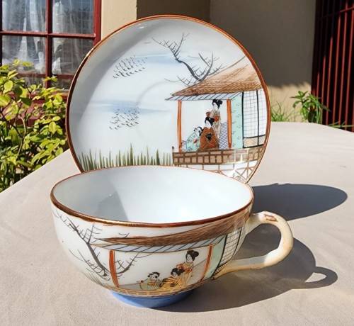 VINTAGE JAPANESE HAND PAINTED EGGSHELL TYPE CUP AND SAUCER WITH KIMONO GEISHA LADIES