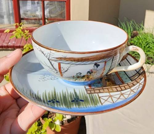 VINTAGE JAPANESE HAND PAINTED EGGSHELL TYPE CUP AND SAUCER WITH KIMONO GEISHA LADIES