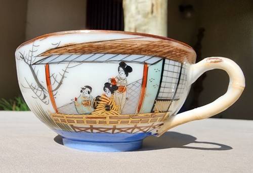 VINTAGE JAPANESE HAND PAINTED EGGSHELL TYPE CUP AND SAUCER WITH KIMONO GEISHA LADIES