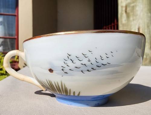 VINTAGE JAPANESE HAND PAINTED EGGSHELL TYPE CUP AND SAUCER WITH KIMONO GEISHA LADIES