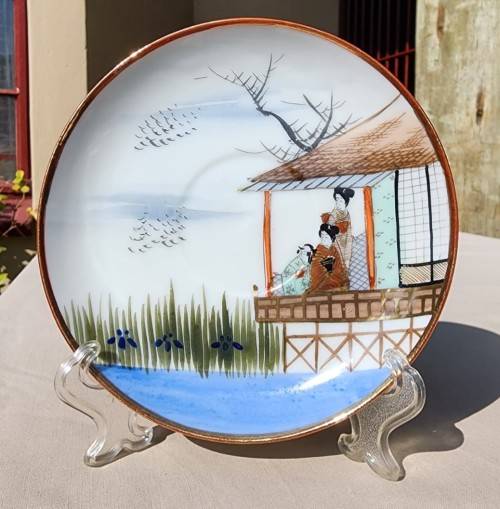 VINTAGE JAPANESE HAND PAINTED EGGSHELL TYPE CUP AND SAUCER WITH KIMONO GEISHA LADIES