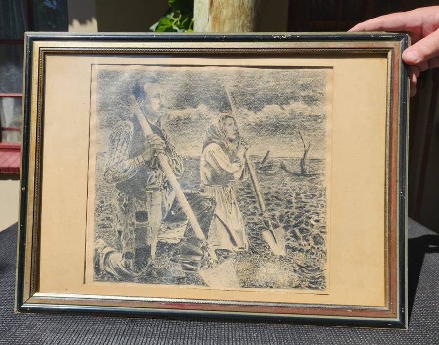 Original Antique Two Farmers Praying Pencil Sketch Signed Wenchiaruttz