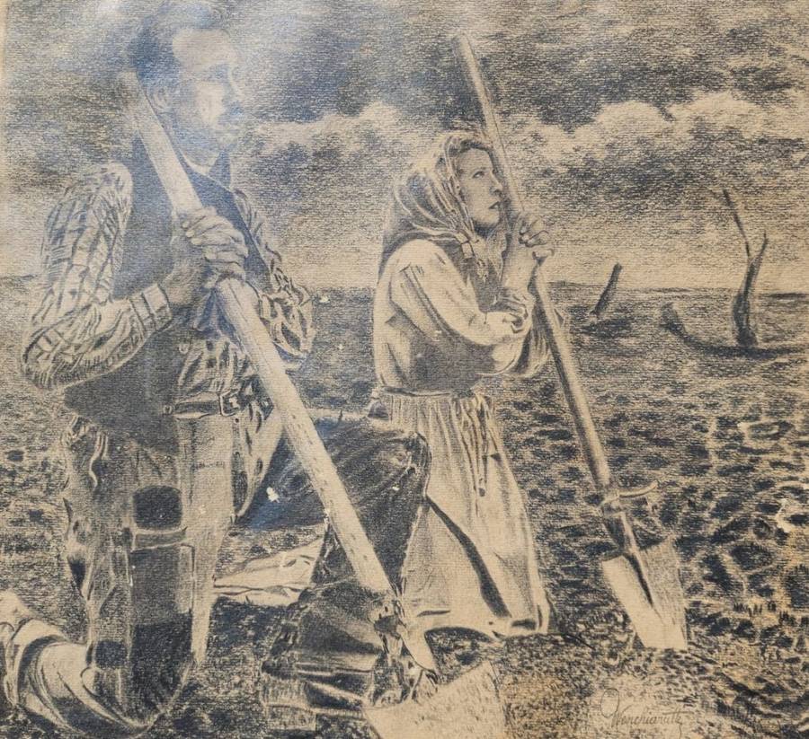 Original Antique Two Farmers Praying Pencil Sketch Signed Wenchiaruttz