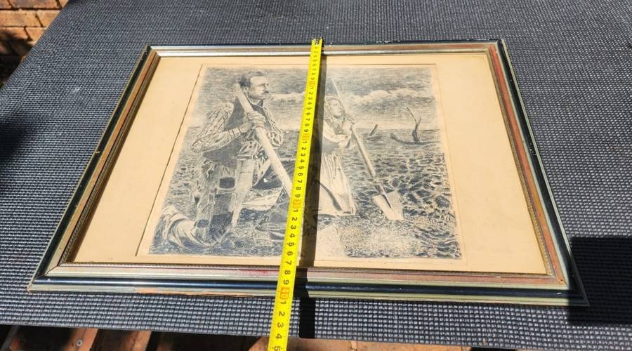 Original Antique Two Farmers Praying Pencil Sketch Signed Wenchiaruttz