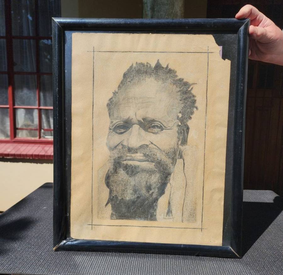 Original Antique Bearded African Man Portrait Pencil Sketch Signed Wenchiaruttz