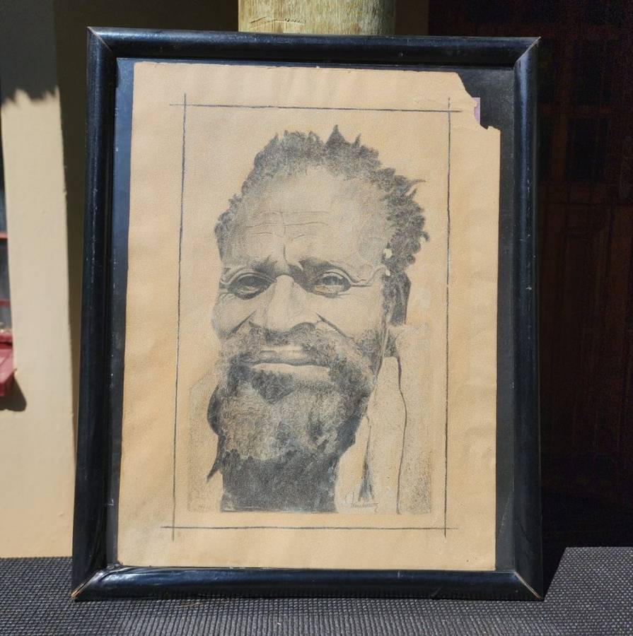Original Antique Bearded African Man Portrait Pencil Sketch Signed Wenchiaruttz