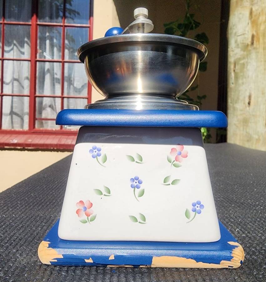 Vintage TCM Ceramic Metal and Wood Floral Hand Crank Burr Grinder Coffee Mill