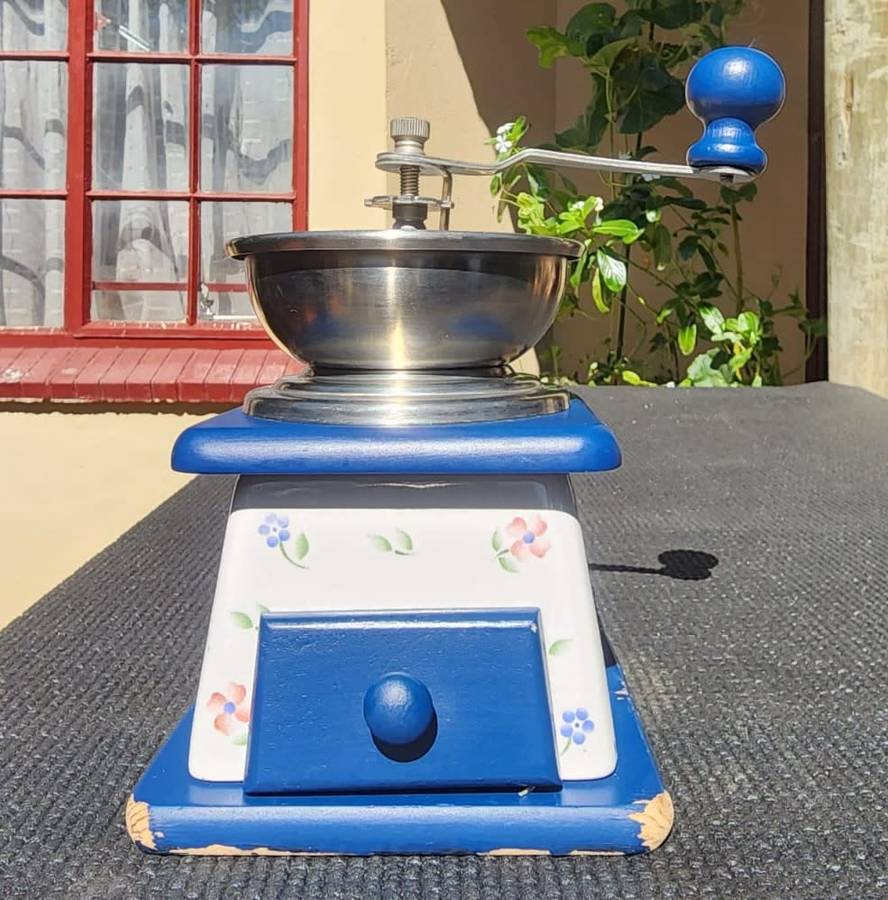 Vintage TCM Ceramic Metal and Wood Floral Hand Crank Burr Grinder Coffee Mill