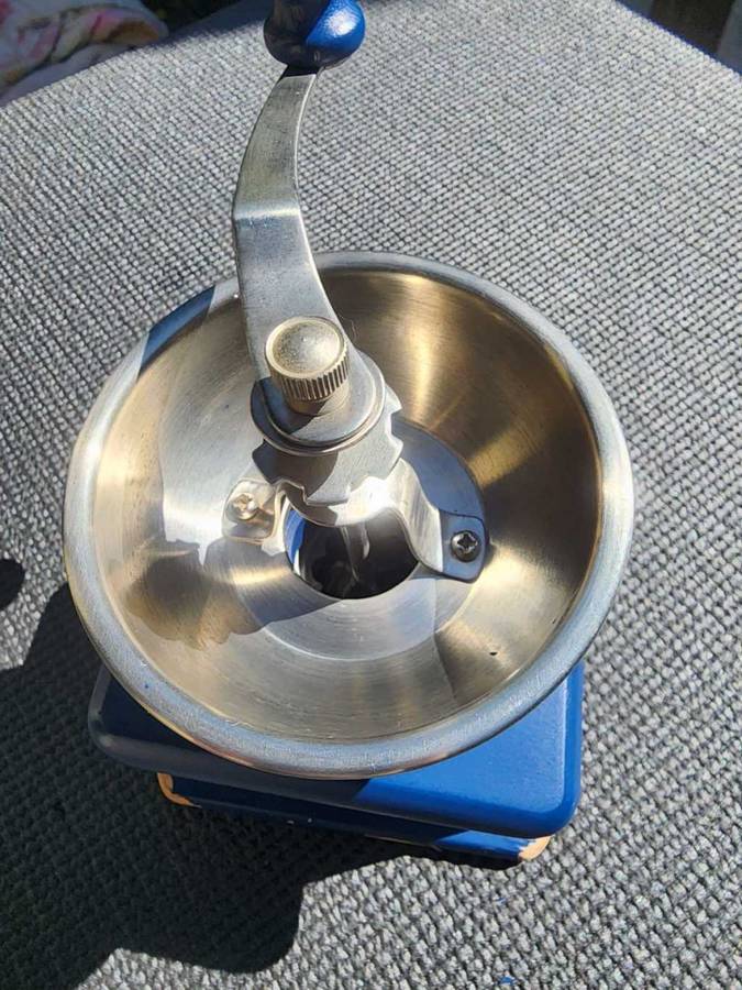 Vintage TCM Ceramic Metal and Wood Floral Hand Crank Burr Grinder Coffee Mill