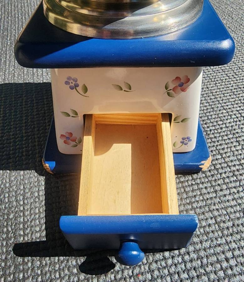 Vintage TCM Ceramic Metal and Wood Floral Hand Crank Burr Grinder Coffee Mill