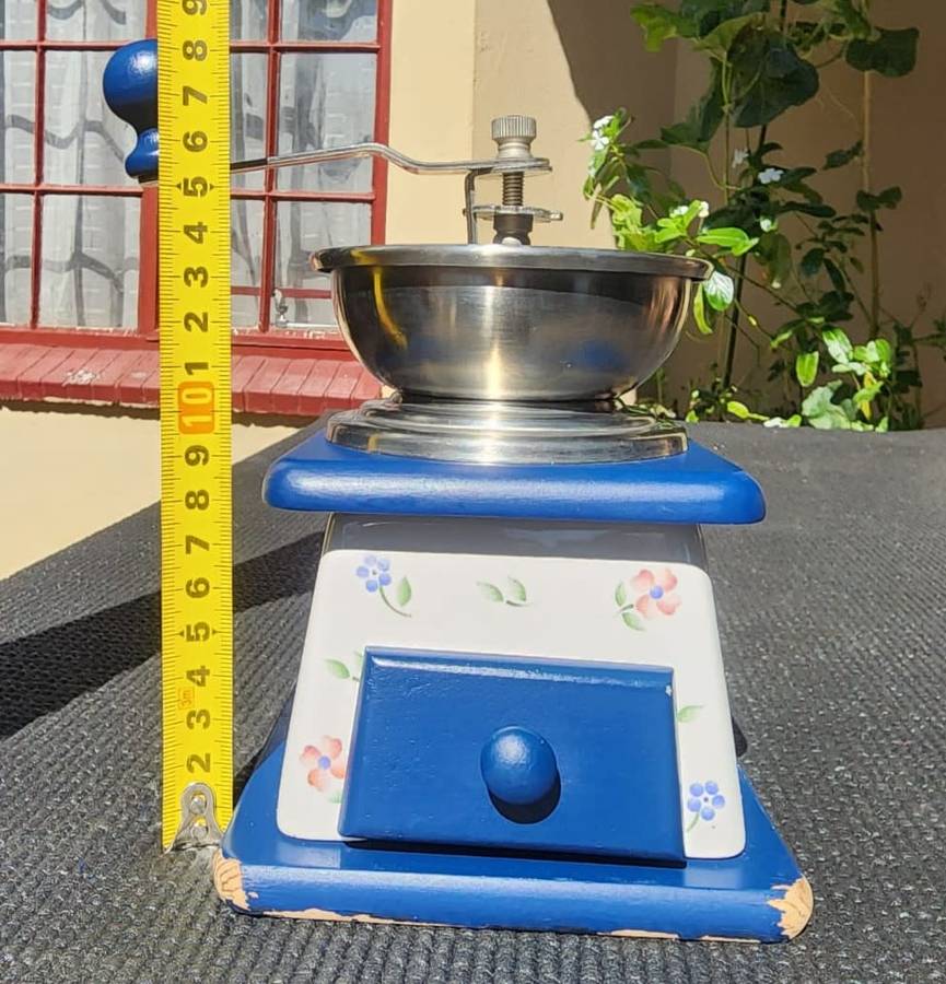 Vintage TCM Ceramic Metal and Wood Floral Hand Crank Burr Grinder Coffee Mill