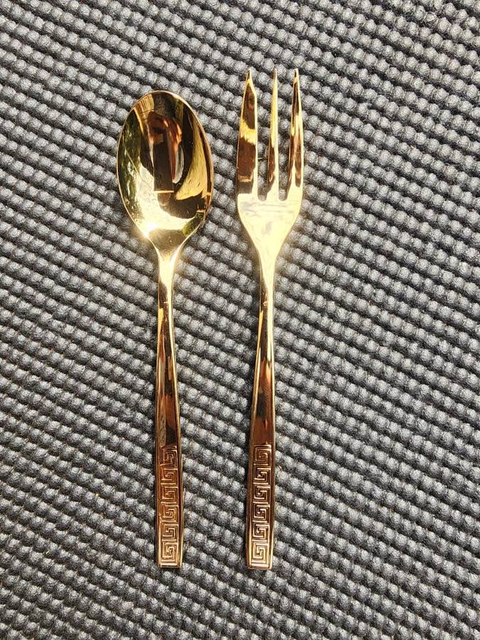 Vintage NTC 23 Carat Gold Plated Set: 6 Teaspoons, 6 Desert Forks, 1 Cake Lifter