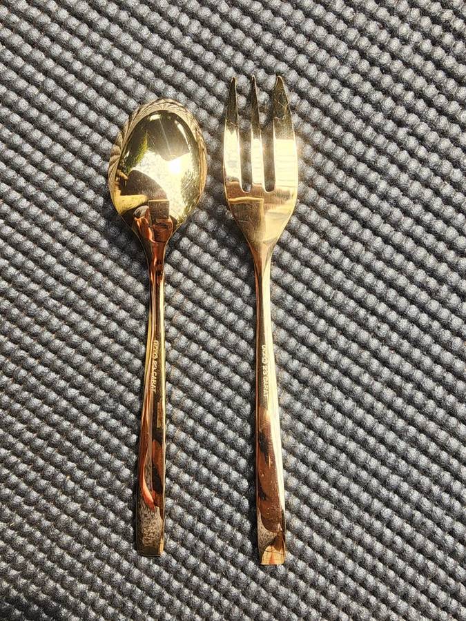 Vintage NTC 23 Carat Gold Plated Set: 6 Teaspoons, 6 Desert Forks, 1 Cake Lifter
