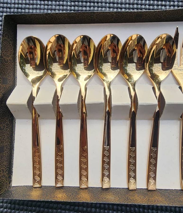 Vintage NTC 23 Carat Gold Plated Set: 6 Teaspoons, 6 Desert Forks, 1 Cake Lifter