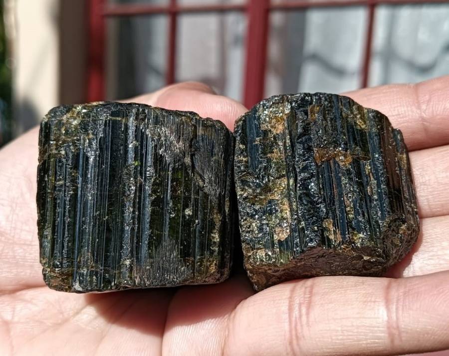 TWO BEAUTIFUL DARK GREEN (AKA BRAZILIAN EMERALD) TO BLACK (SCHORL) TOURMALINE ROUGH ROCK SAMPLES