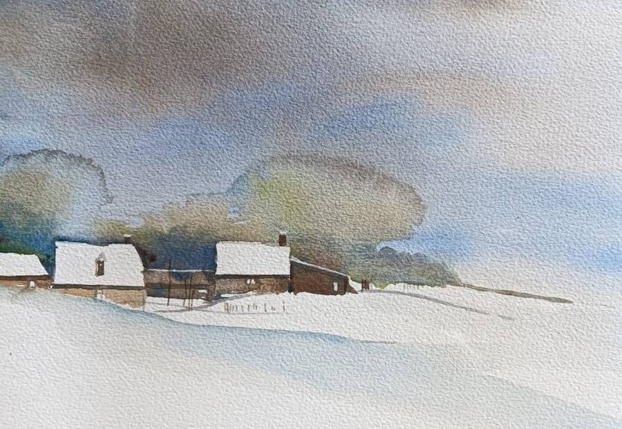 Soft Pastel Coloured Cottage Winter Snow 1984 Watercolour Painting Signed by Artist