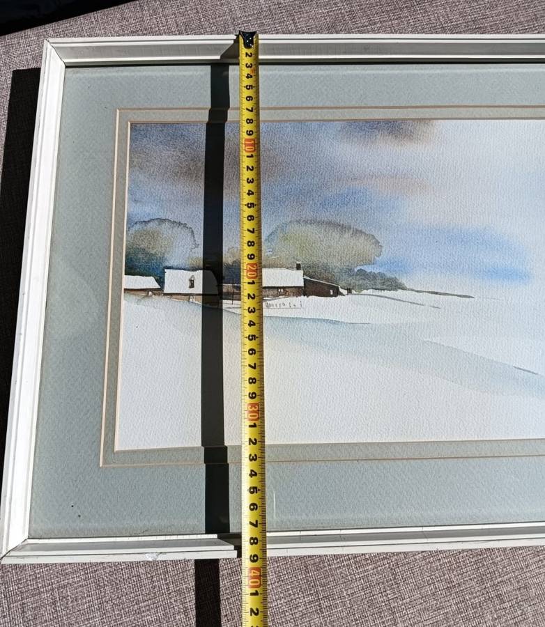 Soft Pastel Coloured Cottage Winter Snow 1984 Watercolour Painting Signed by Artist