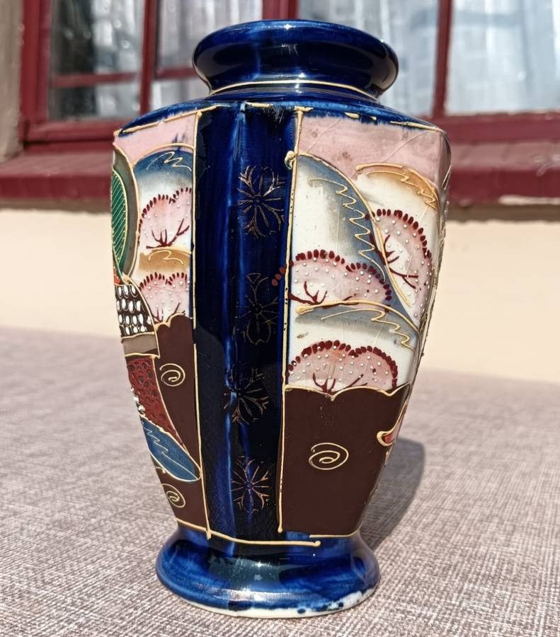 Vintage Japanese Moriage (Raised Enamel) Goddess Kannon Hexagonal (6-Sided) Shaped Vase