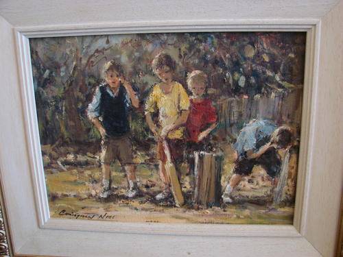 Christiaan Nice original oil  "boys playing cricket" 23 X 30 cm (size excludes frame)