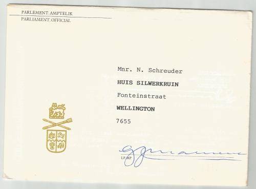 RSA - Parliament letter - Signed by NP LP GJ Malherbe ( Wellington)