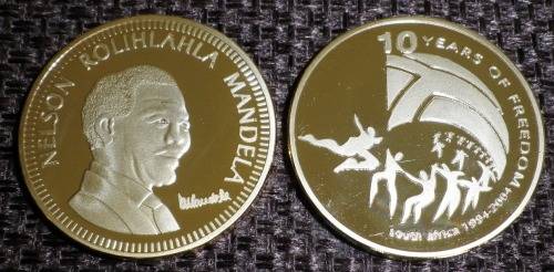 NELSON MANDELA 10 YEARS OF FREEDOM GOLD PLATED BRASS