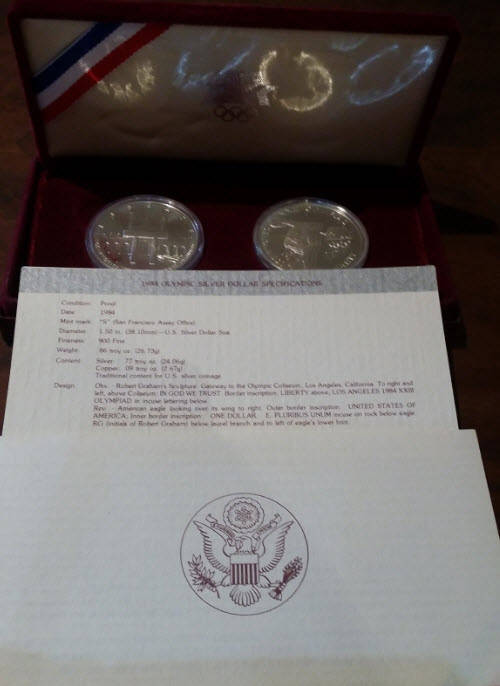 1983 1984 S Olympic Commemorative Proof Silver Dollar Two Coin Set Box - R1 Start